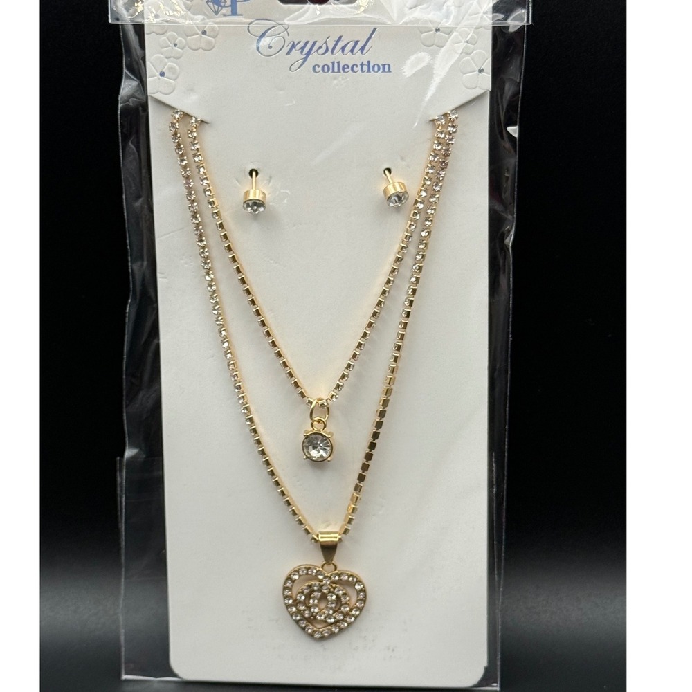 Crystal Collection Gold Tone Layered‎ Necklace and Earrings Set Rhinestone Heart